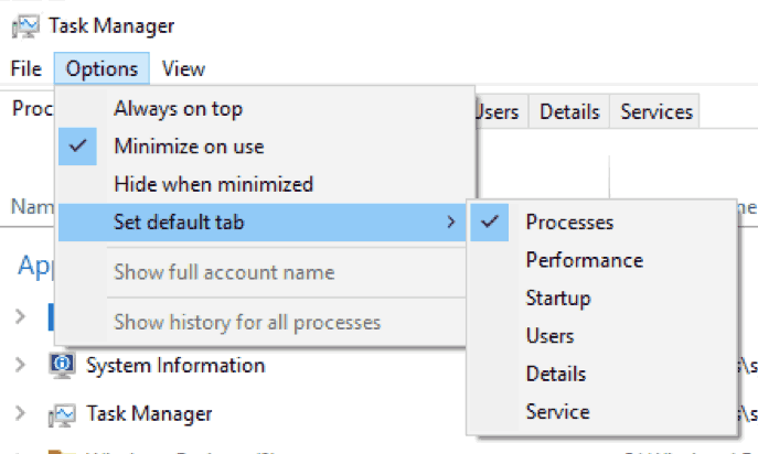 Showing the new feature to set the default tab in Task Manager.