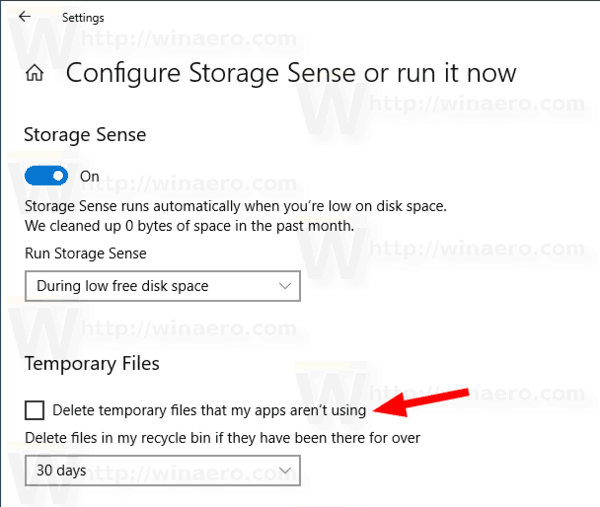 Отключить функцию хранения для удаления временных файлов в Windows 10