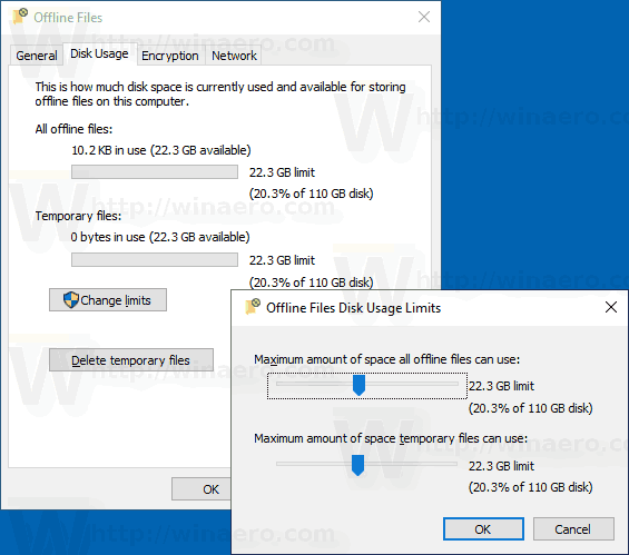 Windows 10 Change Offline Files Limits