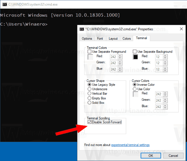 Windows 10 Disable Scroll Fordward Console