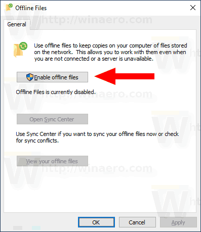 Windows 10 Включение автономных файлов