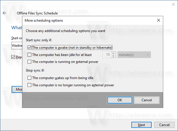 Windows 10 Offline Files Sync Schedule More Options
