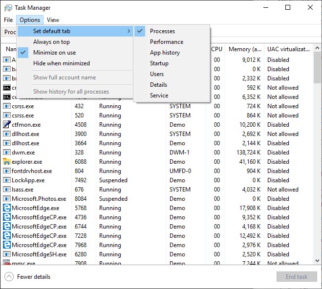 Windows 10 Task Manager Select Default Tab