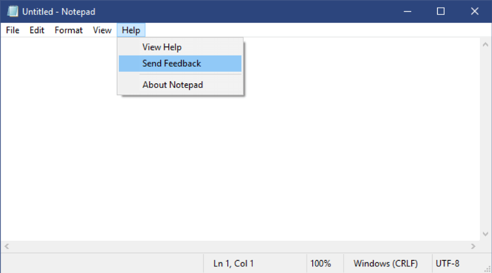 Showing the Help menu in Notepad, with a new Send Feedback option.