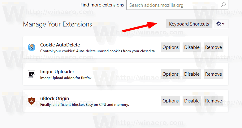 Firefox Add Ons Manager Keyboard Shortcuts Page