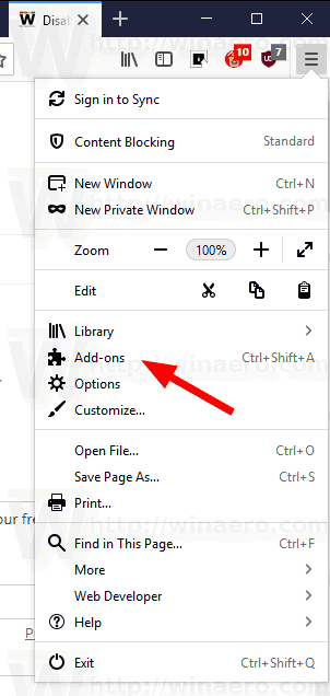 Firefox Add Ons Menu Item