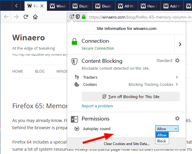 Firefox Autoplay Sound Blocker Site Flyout