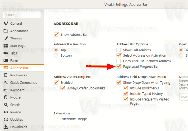 Vivaldi 2.3 Enable Page Load Progess