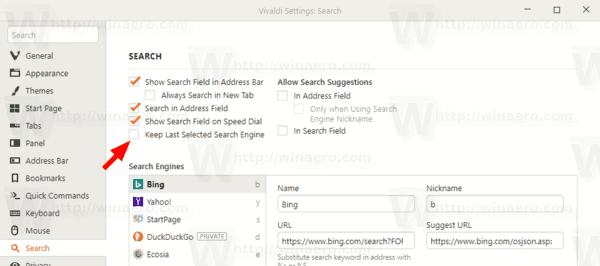 Vivaldi 2.3 Сохранить последнюю выбранную поисковую систему