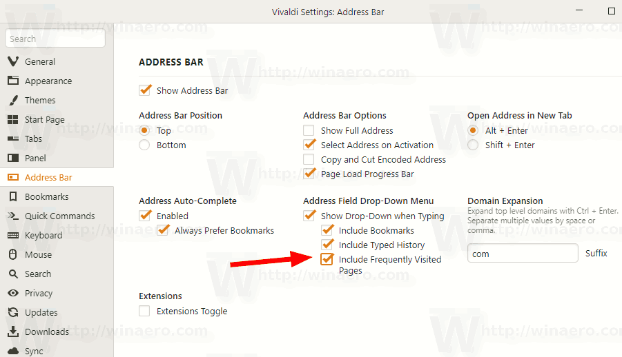 Vivaldi Frequently Visited Pages In The URL Drop Down List Of The Address Bar