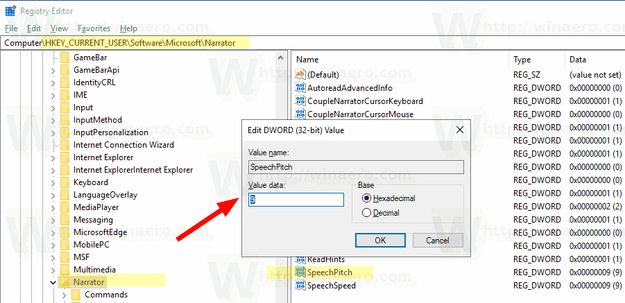 Windows 10 Изменить реестр высоты звука экранного диктора