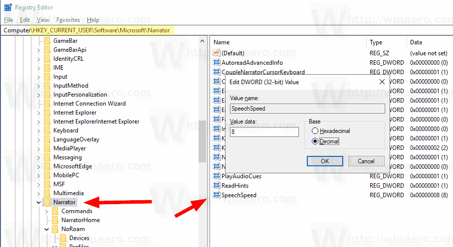 Windows 10 Изменить реестр скорости голоса экранного диктора