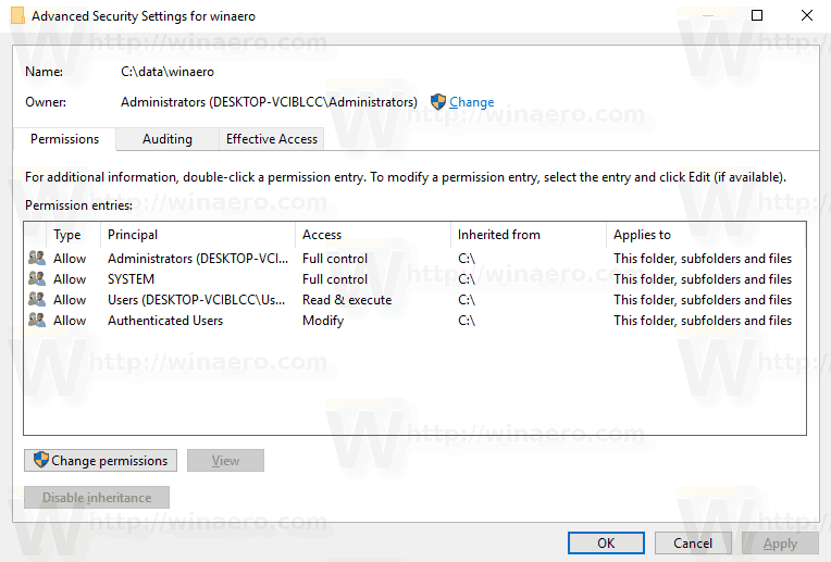 Унаследованные разрешения Windows 10 по умолчанию