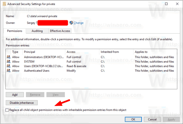 Windows 10 Replace Inherited Permissions