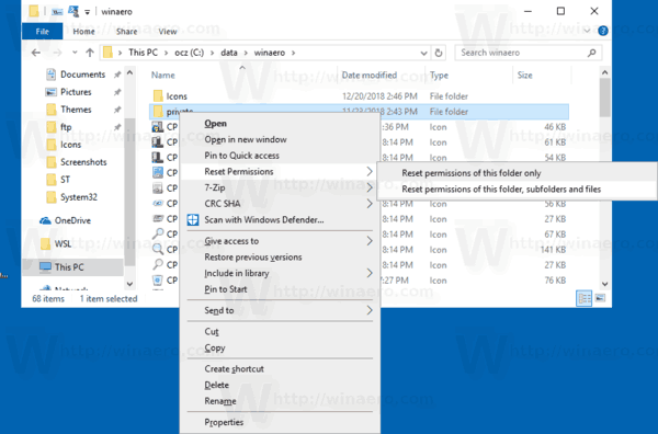 Windows 10 Reset Permissions Folder Menu