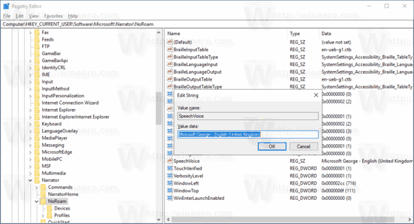 Windows 10 Set Narrator Voice Registry