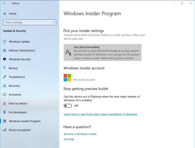 Windows Insider Program Page Build 18317