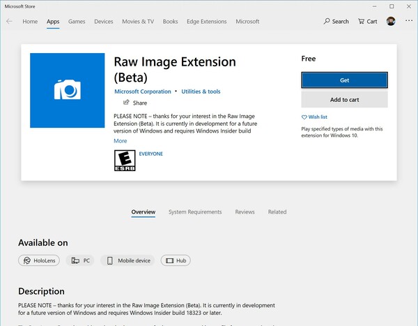 raw image format codec microsoft store