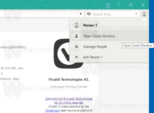 Vivaldi 2.4 Profile Menu