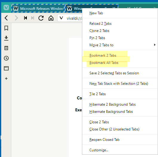 Vivaldi Version 2.4 Bookmark Group Of Tabs