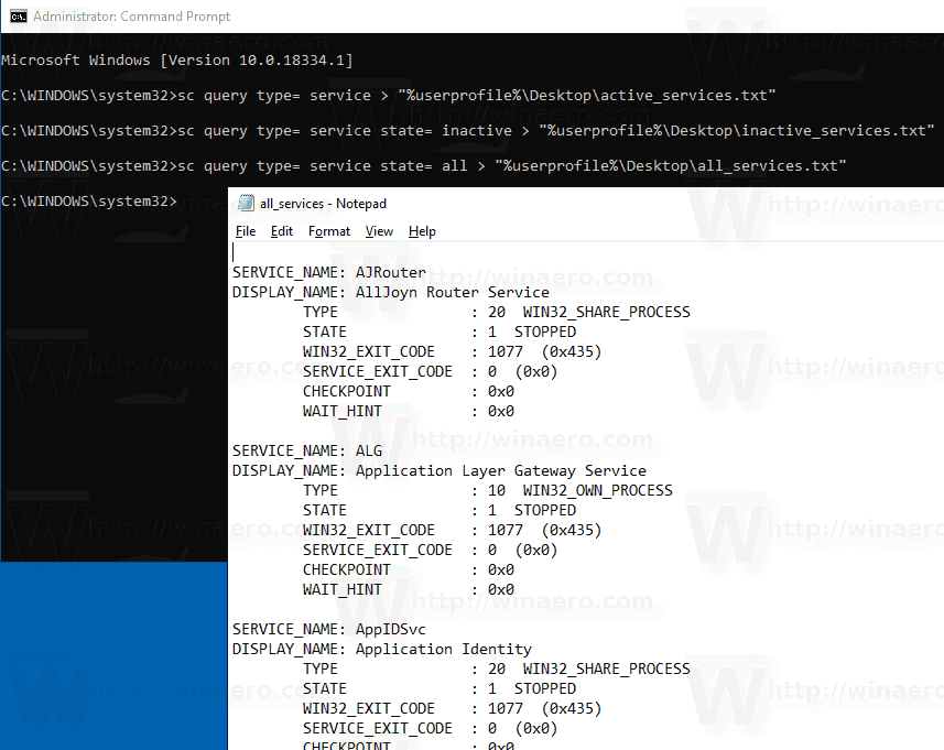 WIndows 10 сохраняет все службы в файл в Windows 10 с помощью Sc