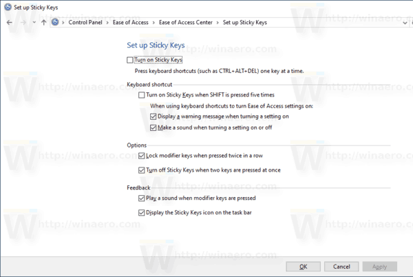 Windows 10 Customize Sticky Keys In Control Panel