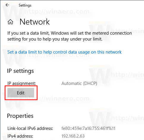Статический IP-адрес приложения настроек Windows 10
