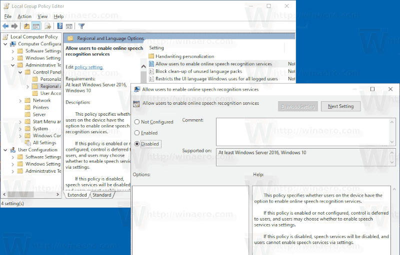 Windows 10 Disable Speech Recognition Group Policy