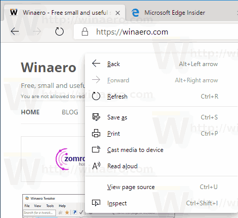 Контекстное меню страницы Chromium в Windows 10 Edge