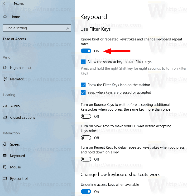 Windows 10 Enable Filter Keys Settings