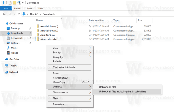 Контекстное меню 1 каталога разблокировки файлов Windows 10
