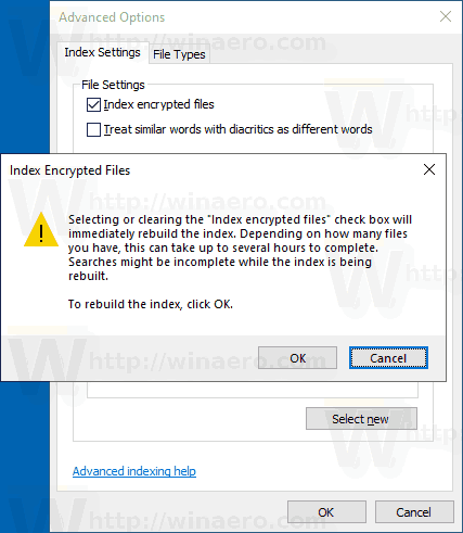 Windows 10 отключает индексирование зашифрованных файлов