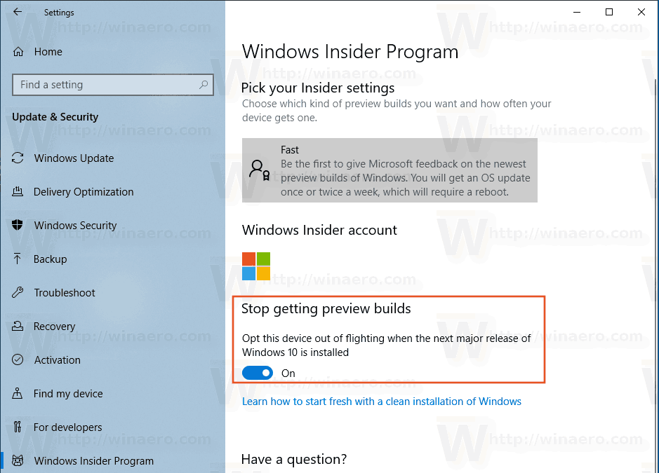 Прекращение получения предварительных сборок после основного выпуска Windows 10