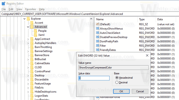 Сжатые зашифрованные файлы Windows 10 в реестре цветов