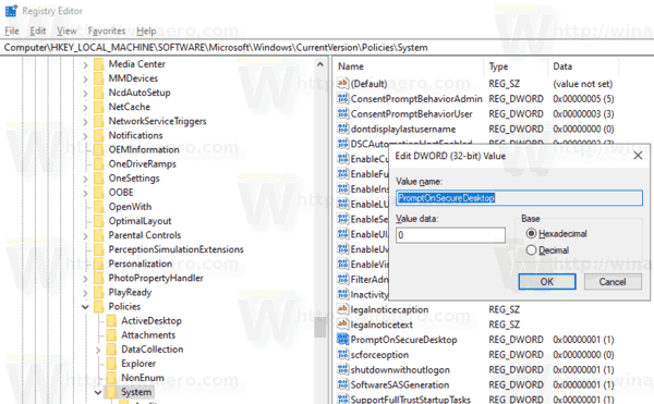 Windows 10 Disable UAC Secure Desktop Tweak
