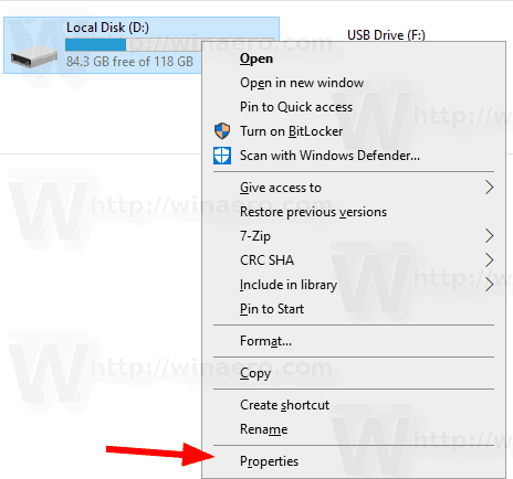 Контекстное меню свойств диска Windows 10