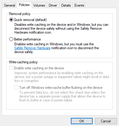 Windows 10 Drive Removal Policy