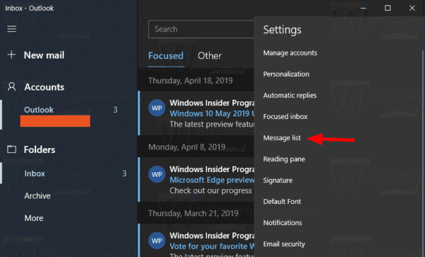 Windows 10 Mail Message List Settings