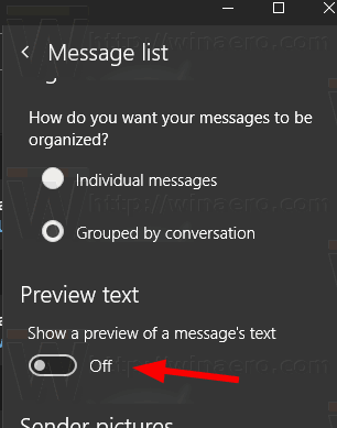 Windows 10 Mail Message Preview Text Option