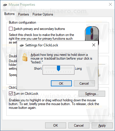 Windows 10 Mouse ClickLock Button Timeout Slider