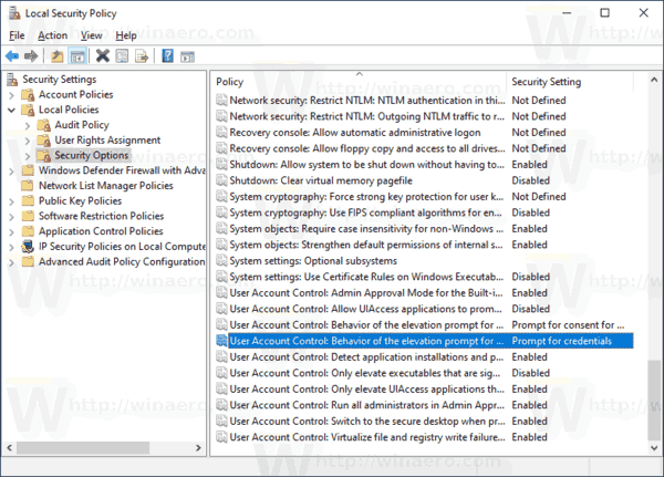 Политика подсказок Windows 10 UAC для стандартных пользователей