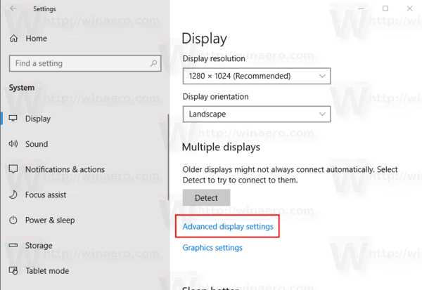 Ссылка на дополнительные параметры дисплея Windows 10