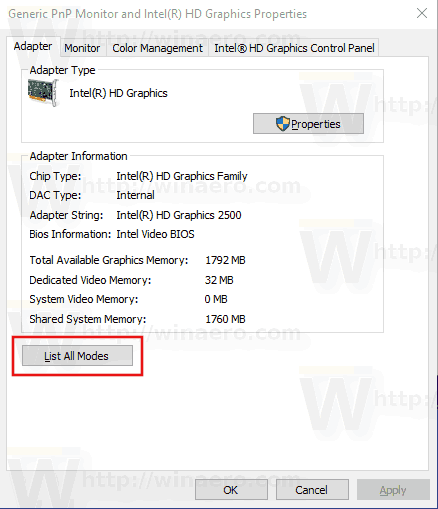 Список всех режимов отображения адаптера Windows 10