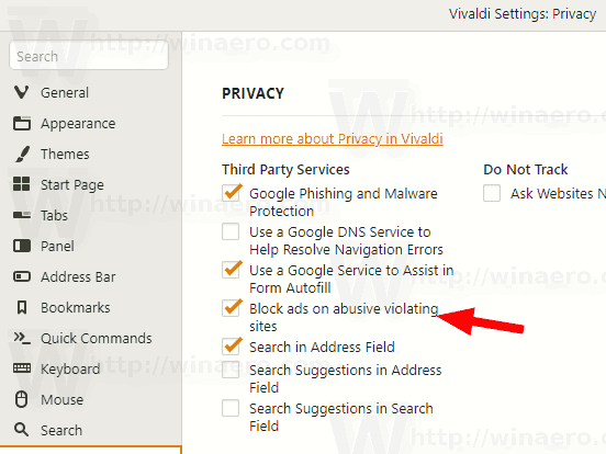 Vivaldi Abusive Ads Settings