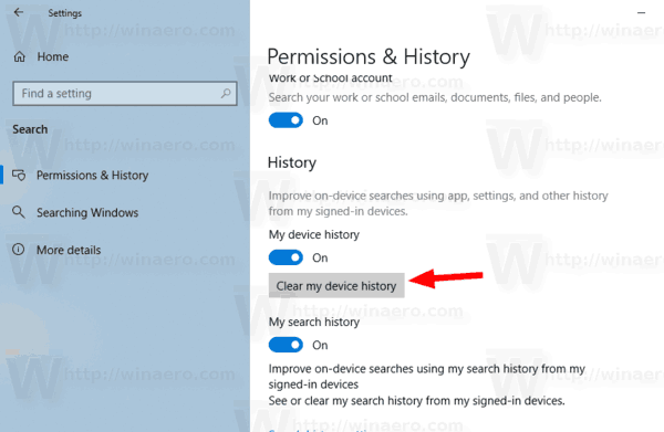 Windows 10 Очистить историю поиска на моем устройстве