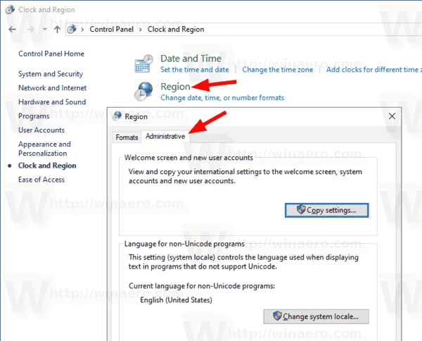 Windows 10 Current Locale Control Panel