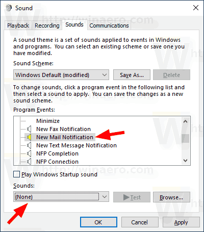 Windows 10 Disable Mail Notification Sound