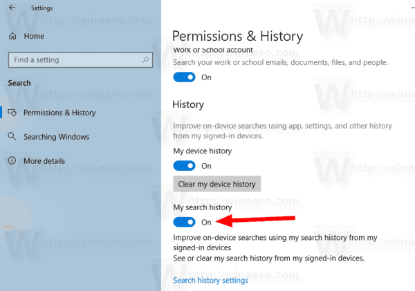 Windows 10 Отключить мою историю поиска
