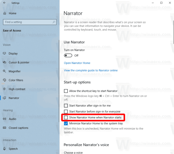 Windows 10 Отключить экранный диктор на главной странице в настройках