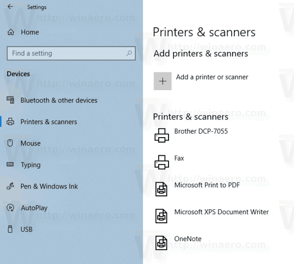 Установленные принтеры Windows 10 в настройках